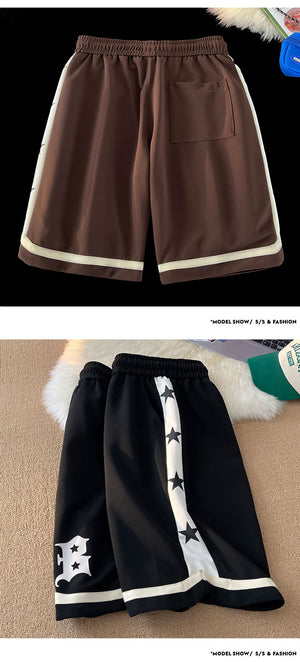 B Letter Drawstring Stars Patchwork Shorts , - Streetwear Shorts - Slick Street