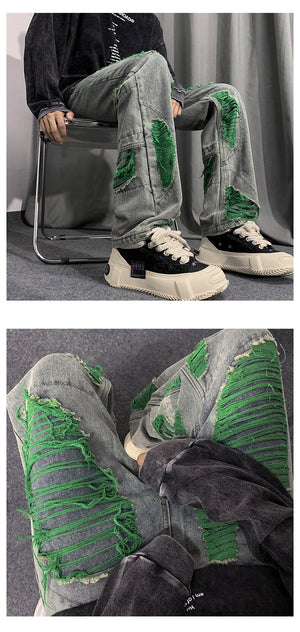 Denim Streetwear Ripped Patches Pants , - Streetwear Pants - Slick Street