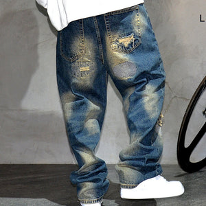 AM26 Ripped Patch Washed Jeans , - Streetwear Jeans - Slick Street