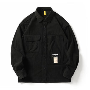 Corduroy Waffle Plaid Semi Collar Overshirt Black, XS - Streetwear Tops - Slick Street