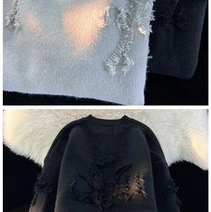 Ripped Y2K Two Shaded Cross Fringed Sweater , - Streetwear Sweater - Slick Street