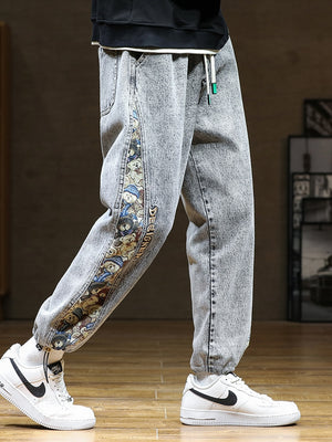 Designer Bear Patchwork Denim Pants , - Streetwear Pants - Slick Street