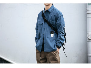 Corduroy Waffle Plaid Semi Collar Overshirt , - Streetwear Tops - Slick Street