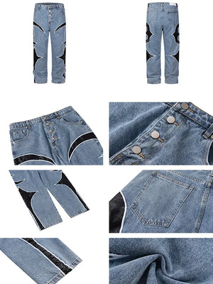 Crescent Embroidery Patchwork Baggy Pants , - Streetwear Pants - Slick Street