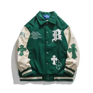 Crucifix Sign Patchwork Raglan Sleeves jacket Blue, S - Streetwear Jacket - Slick Street