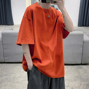 Loose Round Neck Plain T-Shirt Orange, S - Streetwear T-Shirts - Slick Street