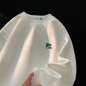 Drawstring Waffle Long Sleeve Pullover Shirt White, XS - Streetwear Sweatshirts - Slick Street