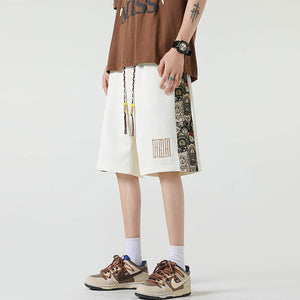 Kawaii Bear Side Patch Baggy Shorts Beige, XS - Streetwear Shorts - Slick Street