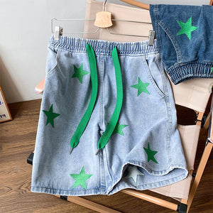 Five-point Star Patchwork Elastic Waist Shorts , - Streetwear Shorts - Slick Street