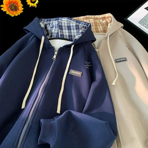 Plain Color Zip-up Loose Hoodie , - Streetwear Hoodie - Slick Street