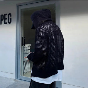 Hollow Knitted Cardigan Long Sleeve Hooded , - Streetwear Hoodie - Slick Street