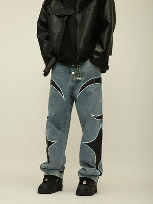 Crescent Embroidery Patchwork Baggy Pants , - Streetwear Pants - Slick Street