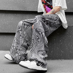 Abstract Waving Vector Art Pants XXS, Beige - Streetwear Pants - Slick Street