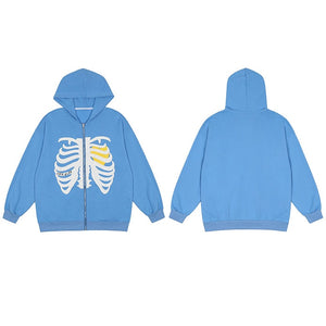 VERBLEE Rib Cage Graphic Zipper Hoodie Blue, M - Streetwear Hoodie - Slick Street