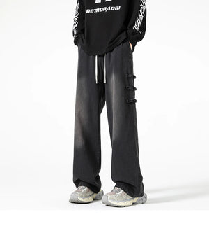 Straight Legs Side Coil Button Pants , - Streetwear Jeans - Slick Street