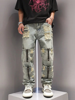 SK5 Multi Zipper Ripped Jeans , - Streetwear Pants - Slick Street