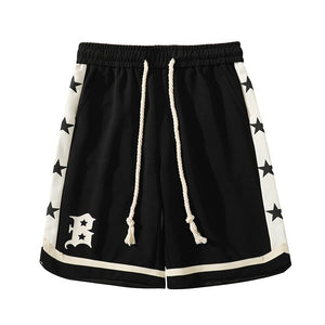 B Letter Drawstring Stars Patchwork Shorts , - Streetwear Shorts - Slick Street