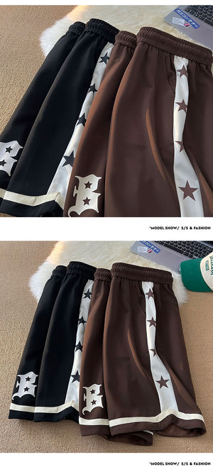B Letter Drawstring Stars Patchwork Shorts , - Streetwear Shorts - Slick Street