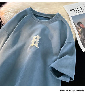 Letter R Foaming Embroidery Loose T-Shirt , - Streetwear T-Shirts - Slick Street