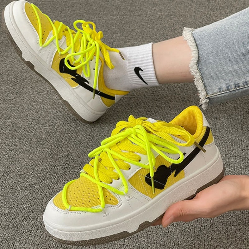Chunky Lace Up Walking Shoes Yellow, 36 - Streetwear Shoes - Slick Street