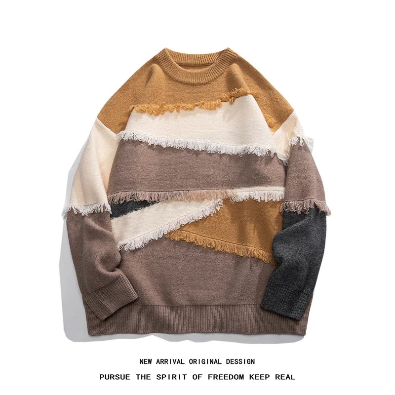 Hole Fringed Pullover Sweater Khaki, XS - Streetwear Sweater - Slick Street
