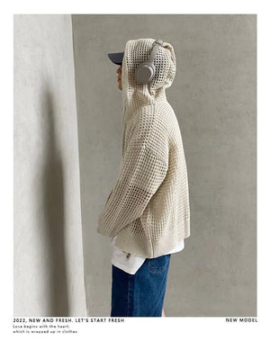 Hollow Knitted Cardigan Long Sleeve Hooded , - Streetwear Hoodie - Slick Street