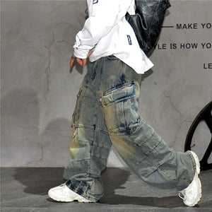 Distressed Denim Cargo Pants , - Streetwear - Slick Street