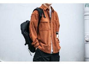 Corduroy Waffle Plaid Semi Collar Overshirt , - Streetwear Tops - Slick Street