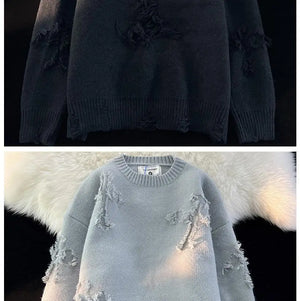 Ripped Y2K Two Shaded Cross Fringed Sweater , - Streetwear Sweater - Slick Street