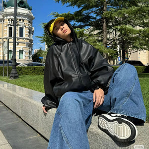 PU Leather Loose Black Jacket , - Streetwear Jackets - Slick Street