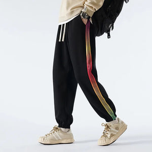Rainbow Color Stripe Jogger Pants Black, XS - Streetwear Pants - Slick Street