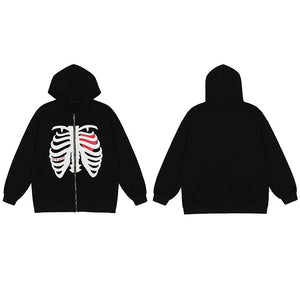 VERBLEE Rib Cage Graphic Zipper Hoodie Black, M - Streetwear Hoodie - Slick Street