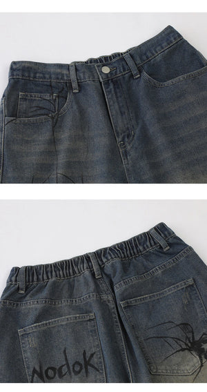 Nodok Spider Cobweb Blue Jean Shorts , - Streetwear Shorts - Slick Street