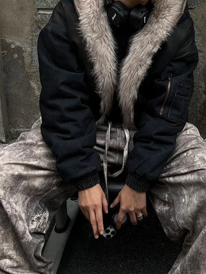 Coal Black Washed Fur Hooded Jacket , - Streetwear Jacket - Slick Street