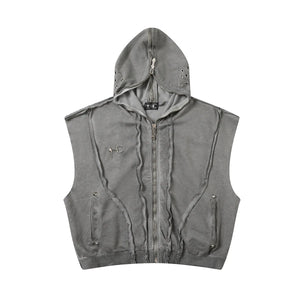 Punk Rock Gothic Ripped Style Sleeveless Hoodie Gray, S - Streetwear Hoodie - Slick Street