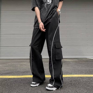 StripeLine- Baggy Black Cargo Pants , - Streetwear Cargo Pants - Slick Street