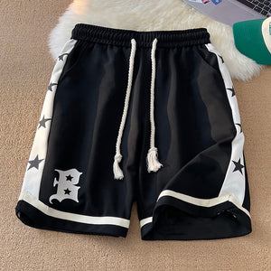 B Letter Drawstring Stars Patchwork Shorts Black, M - Streetwear Shorts - Slick Street