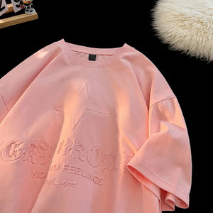 No Hard Feelings Star Polygons Embossed T-shirt Pink, XS - Streetwear T-Shirts - Slick Street
