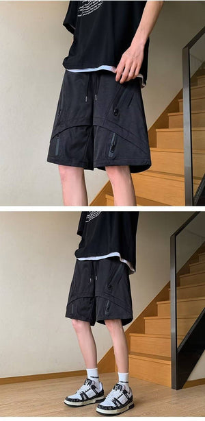 Multi Zipper Style Elastic Waist Shorts , - Streetwear Shorts - Slick Street