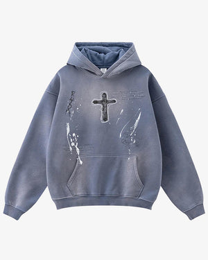 Crucifix Cross Graphic Pullover Hoodie Blue, S - Streetwear Hoodie - Slick Street