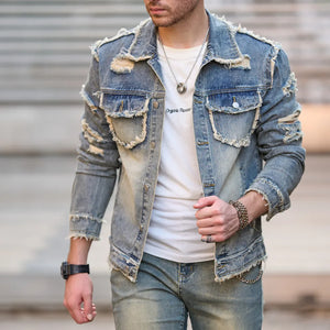 Denim Ripped Button Up Jacket , - Streetwear Jacket - Slick Street