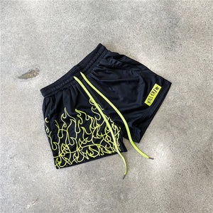 Hot Rod Fire Flame Pattern Shorts Black Green, XS - Streetwear Shorts - Slick Street