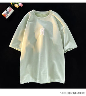 Letter R Foaming Embroidery Loose T-Shirt , - Streetwear T-Shirts - Slick Street