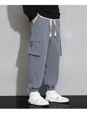 Plain Color Drawstring Knee Cargo Pocket Pants , - Streetwear Pants - Slick Street