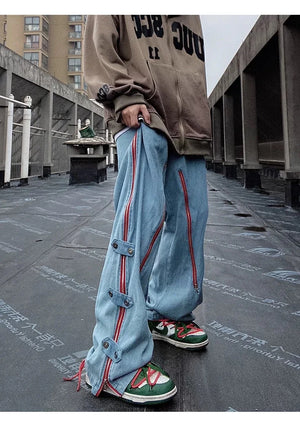 Red Striped Baggy Jeans , - Streetwear Jeans - Slick Street