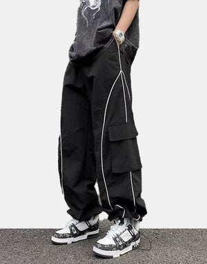 StripeLine- Baggy Black Cargo Pants , - Streetwear Cargo Pants - Slick Street