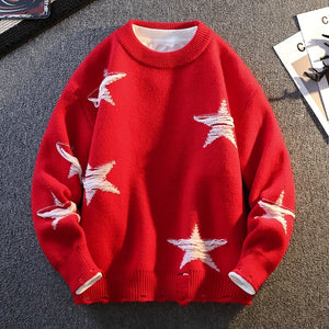 Pentagram Star Shaped Knitted Sweater Red, XS - Streetwear Sweater - Slick Street