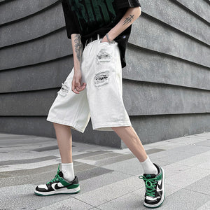 Ripped Hole Patchwork Knee Length Shorts , - Streetwear Shorts - Slick Street