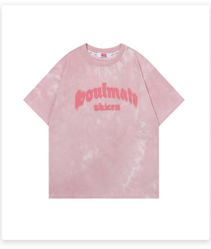 Soulmate Tie Die O-Neck Loose T-Shirt Pink, XS - Streetwear T-Shirts - Slick Street