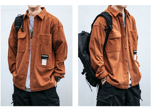 Corduroy Waffle Plaid Semi Collar Overshirt , - Streetwear Tops - Slick Street